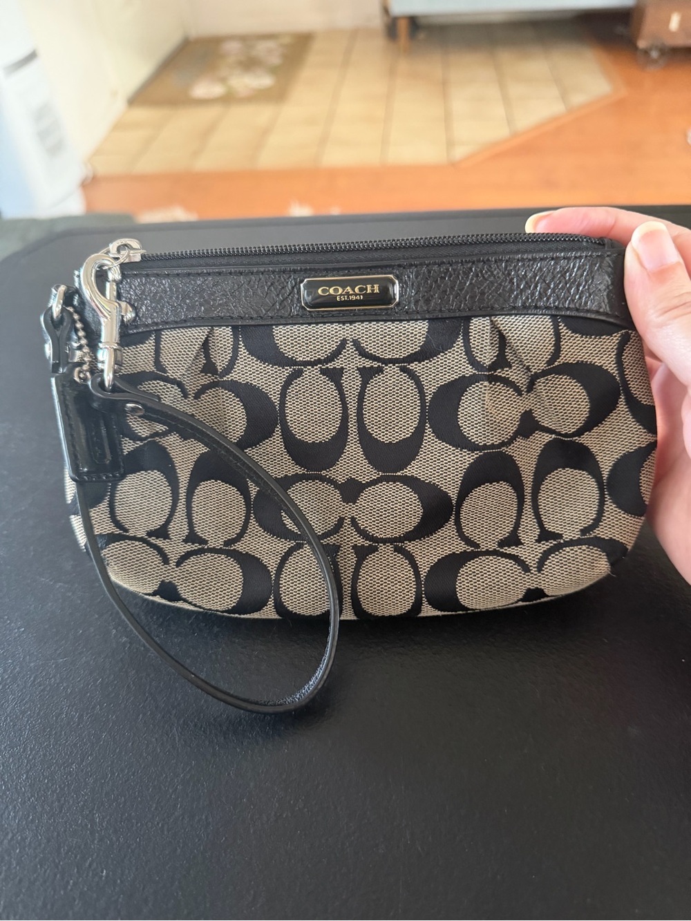 Coach Signature Canvas Wristlet in Black and Tan